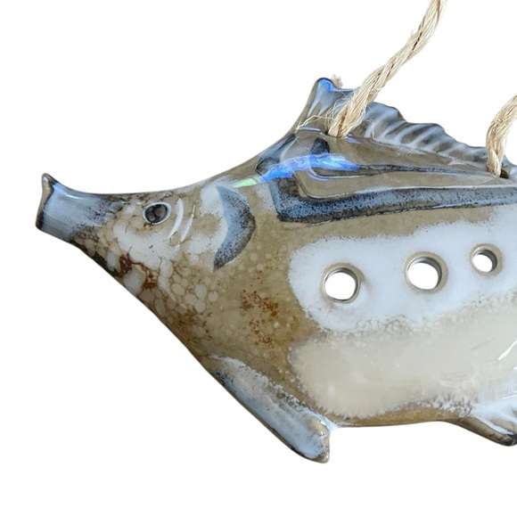 Ceramic Studio Pottery Art - Fish Wall Hanging - Brown Tan Blue - Coastal- Beach - Picture 2 of 6